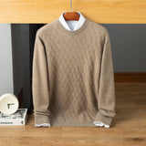 Mens Diamond Pattern Cashmere Sweater Crew Neck Knit Sweatershirt Taupe XS