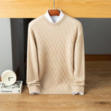 Mens Diamond Pattern Cashmere Sweater Crew Neck Knit Sweatershirt Light Camel XS
