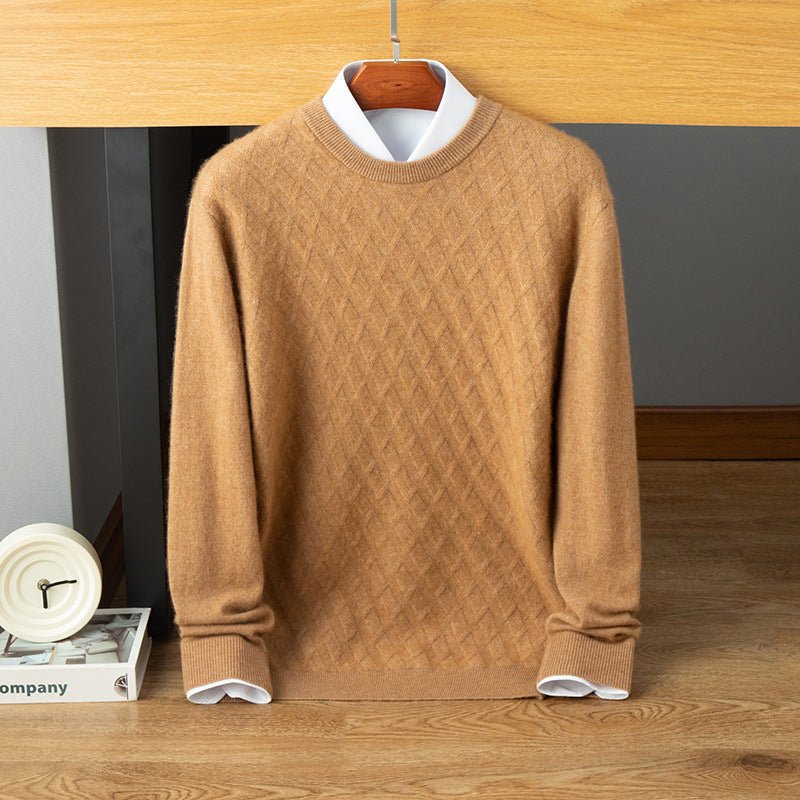 Mens Diamond Pattern Cashmere Sweater Crew Neck Knit Sweatershirt Camel XS