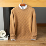 Mens Diamond Pattern Cashmere Sweater Crew Neck Knit Sweatershirt Camel XS