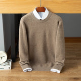 Mens Crew Neck Cashmere Sweater Long Sleeve Ribbed Hem Soft Knit Coat Taupe XS