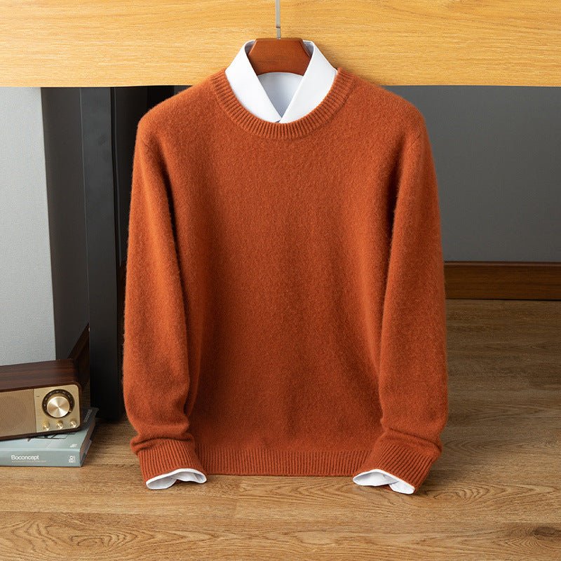 Mens Crew Neck Cashmere Sweater Long Sleeve Ribbed Hem Soft Knit Coat Brown XS