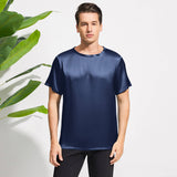 Mens Crew Neck Silk T Shirt Short Sleeve Silk Round Collar Tee Navy Blue XS
