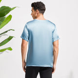 Mens Crew Neck Silk T Shirt Short Sleeve Silk Round Collar Tee Navy Blue XS