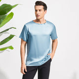 Mens Crew Neck Silk T Shirt Short Sleeve Silk Round Collar Tee Navy Blue XS