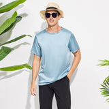 Mens Crew Neck Silk T Shirt Short Sleeve Silk Round Collar Tee Navy Blue XS