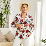 Men's Flower Printed Silk Shirts Button Down Silk Dress Shirt Red XS