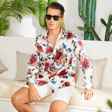 Men's Flower Printed Silk Shirts Button Down Silk Dress Shirt Red XS