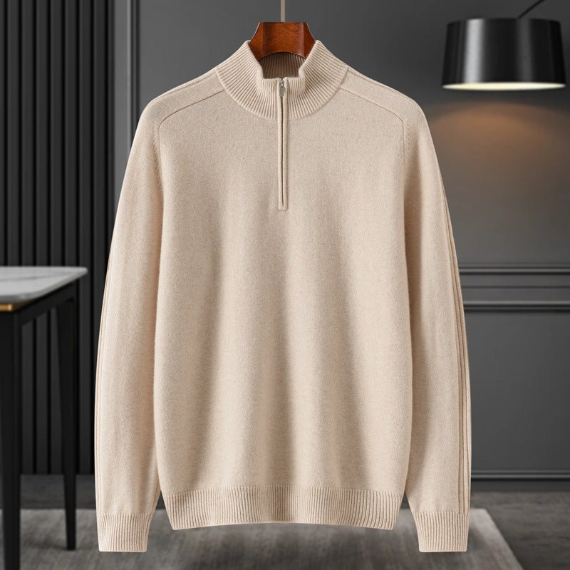 Mens Half - Zip Mock Neck Pure Cashmere Sweater Ribbed Collar Cashmere Pullover Beige XS
