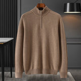 Mens Half - Zip Mock Neck Pure Cashmere Sweater Ribbed Collar Cashmere Pullover Taupe XS