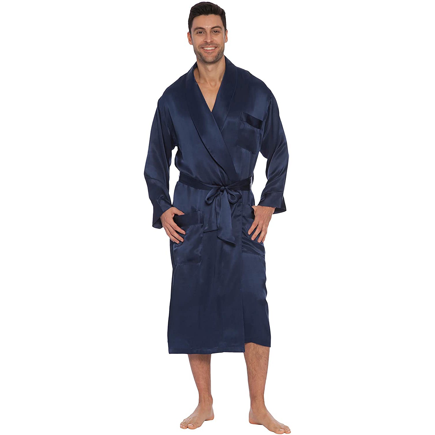 Mens Long Full - length Silk Robes Men's Luxury Silk Bathrobe Navy Blue XS