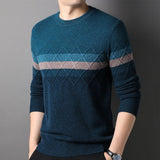 Mens Color Block Diamond Pattern Pure Cashmere Sweater Crew Neck Blue XS