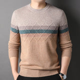 Mens Color Block Diamond Pattern Pure Cashmere Sweater Crew Neck Beige XS