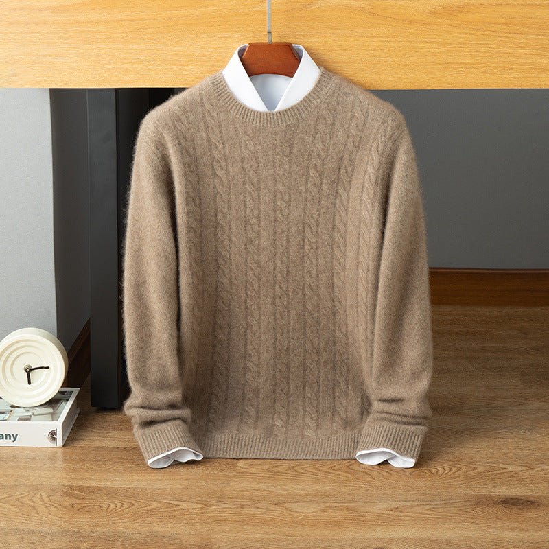 Mens Cable Knit Cashmere Sweater Crew Neck Ribbed Hem Soft Knit Taupe XS