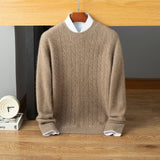 Mens Cable Knit Cashmere Sweater Crew Neck Ribbed Hem Soft Knit Taupe XS