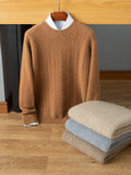 Mens Cable Knit Cashmere Sweater Crew Neck Ribbed Hem Soft Knit Camel XS
