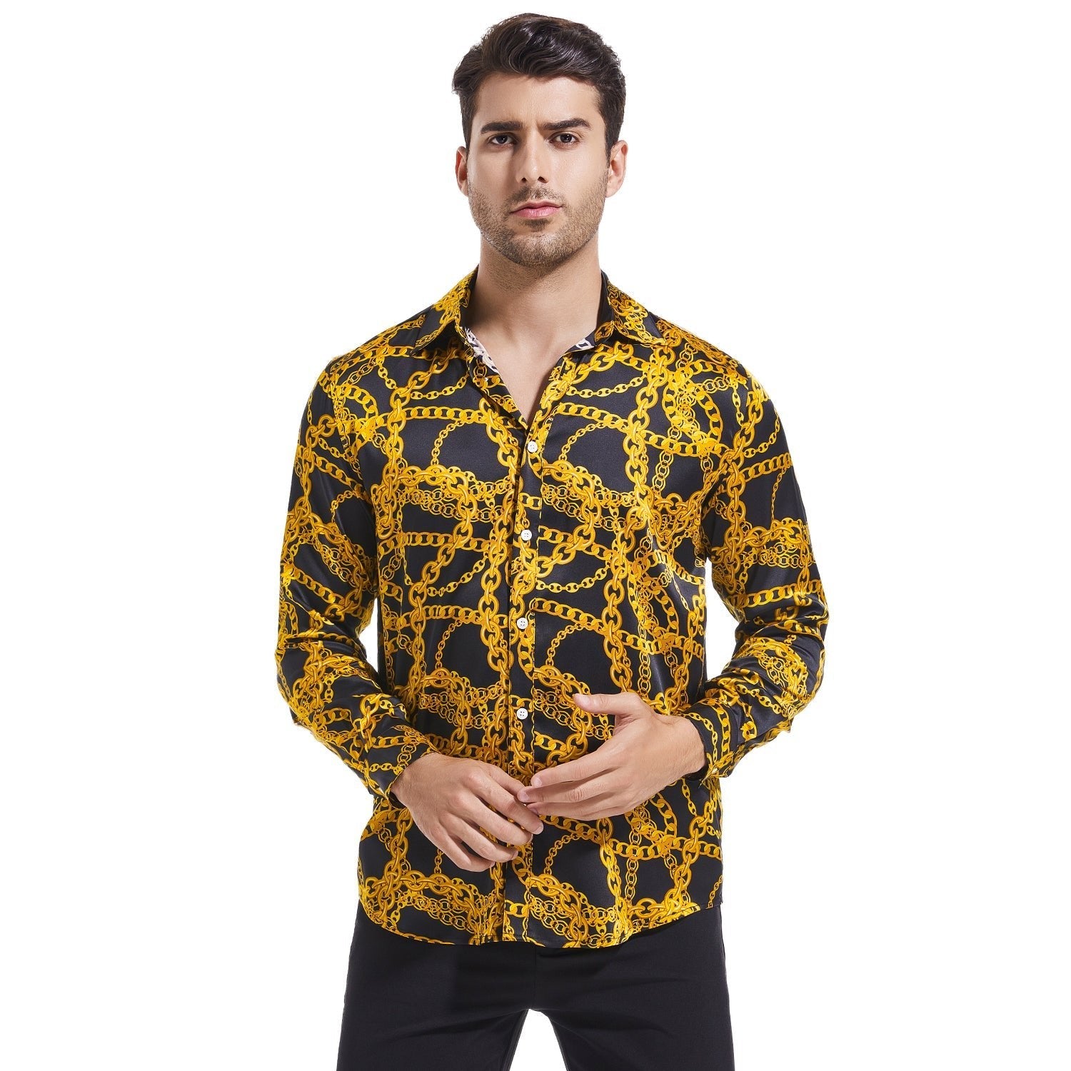 Men's Gold Chains Print Button Down Long Sleeve Silk Shirt Gold XS