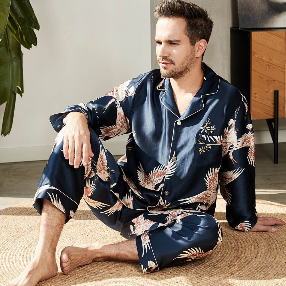 Men's Luxury Silk Pajamas Set Crane Print Mulberry Silk Sleepwear Navy Blue XS