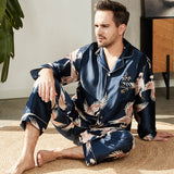 Men's Luxury Silk Pajamas Set Crane Print Mulberry Silk Sleepwear Navy Blue XS