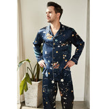 Men's Luxury Silk Pajamas Set Galaxy Print Mulberry Silk Sleepwear Navy Blue XS