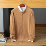 Mens Ribbed Cashmere Zip - Up Sweater Stand Collar Long Sleeve Knit Coat Beige XS