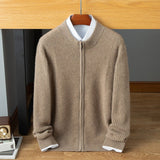 Mens Ribbed Cashmere Zip - Up Sweater Stand Collar Long Sleeve Knit Coat Taupe XS