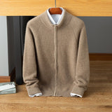 Mens Zip - Up Cashmere Sweater Stand Collar Long Sleeve Knitted Coat Taupe XS