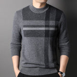 Mens Plaid Pattern Pure Cashmere Sweater Crew Neck Top with Ribbed Hem Gray XS