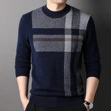 Mens Plaid Pattern Pure Cashmere Sweater Crew Neck Top with Ribbed Hem Navy XS