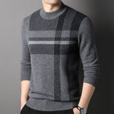 Mens Plaid Pattern Pure Cashmere Sweater Crew Neck Top with Ribbed Hem Gray XS