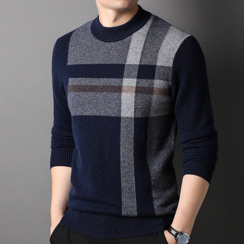 Mens Plaid Pattern Pure Cashmere Sweater Crew Neck Top with Ribbed Hem Navy XS