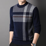 Mens Plaid Pattern Pure Cashmere Sweater Crew Neck Top with Ribbed Hem Navy XS