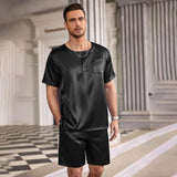 Mens Short Silk Pajama Set Mulberry Silk Two Piece Sleepwear Black S