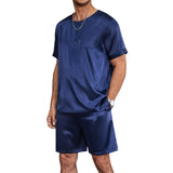 Mens Short Silk Pajama Set Mulberry Silk Two Piece Sleepwear Navy Blue S