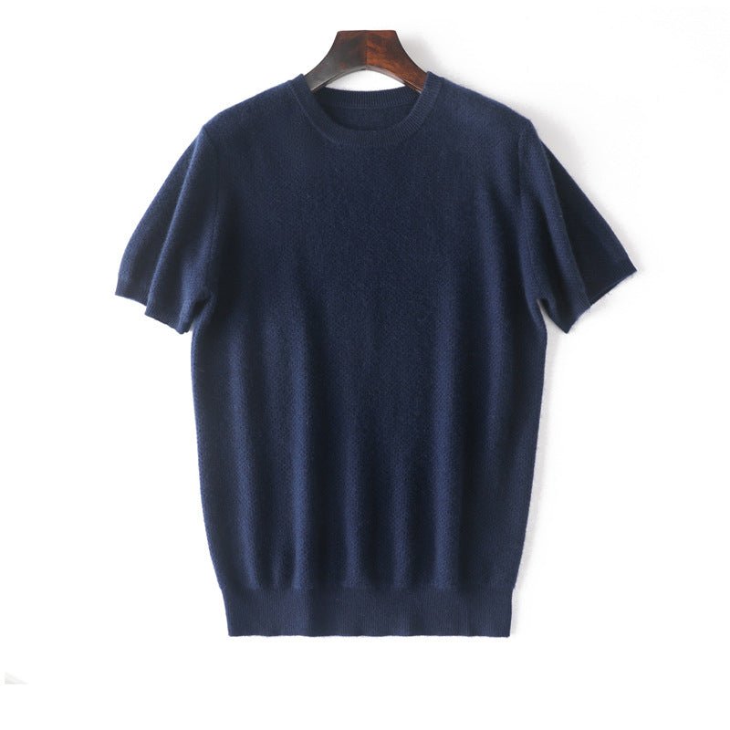 Mens Short Sleeve Pure Cashmere Sweater Crew Neck Textured Knit Tops Navy XS