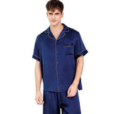 Men's Short Sleeve Silk Pajamas Set 100% Mulberry Silk Pajamas Navy Blue XS