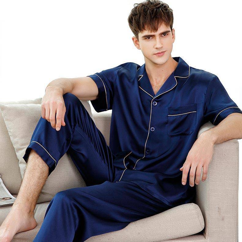 Men's Short Sleeve Silk Pajamas Set 100% Mulberry Silk Pajamas Navy Blue XS