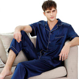 Men's Short Sleeve Silk Pajamas Set 100% Mulberry Silk Pajamas Navy Blue XS