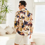 Printed Silk Shirt Long Sleeve Button Down Silk Shirt Gold XS