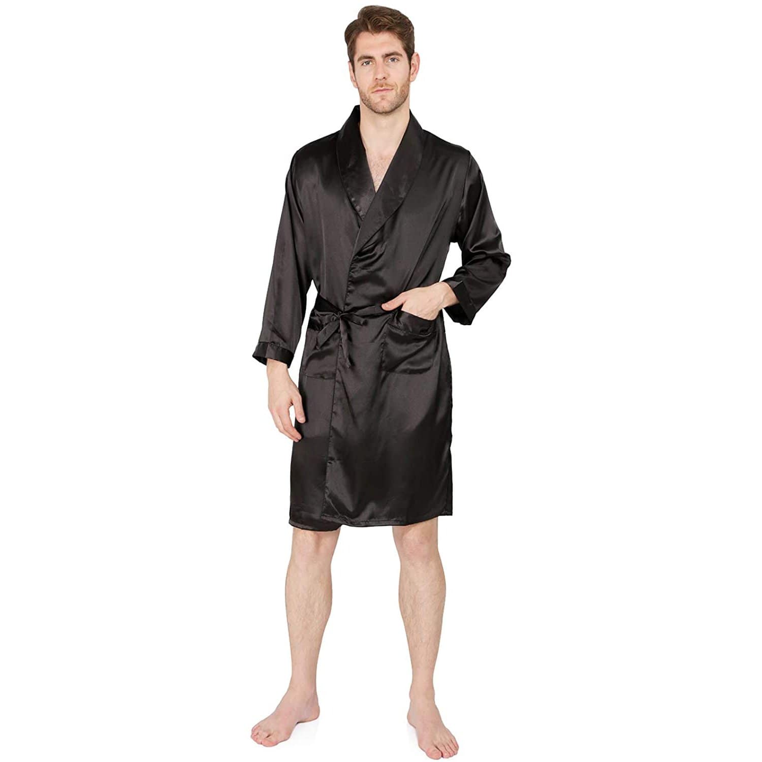 Men's Silk Kimono Robe Summer Luxury Silk Bathrobe Black XS