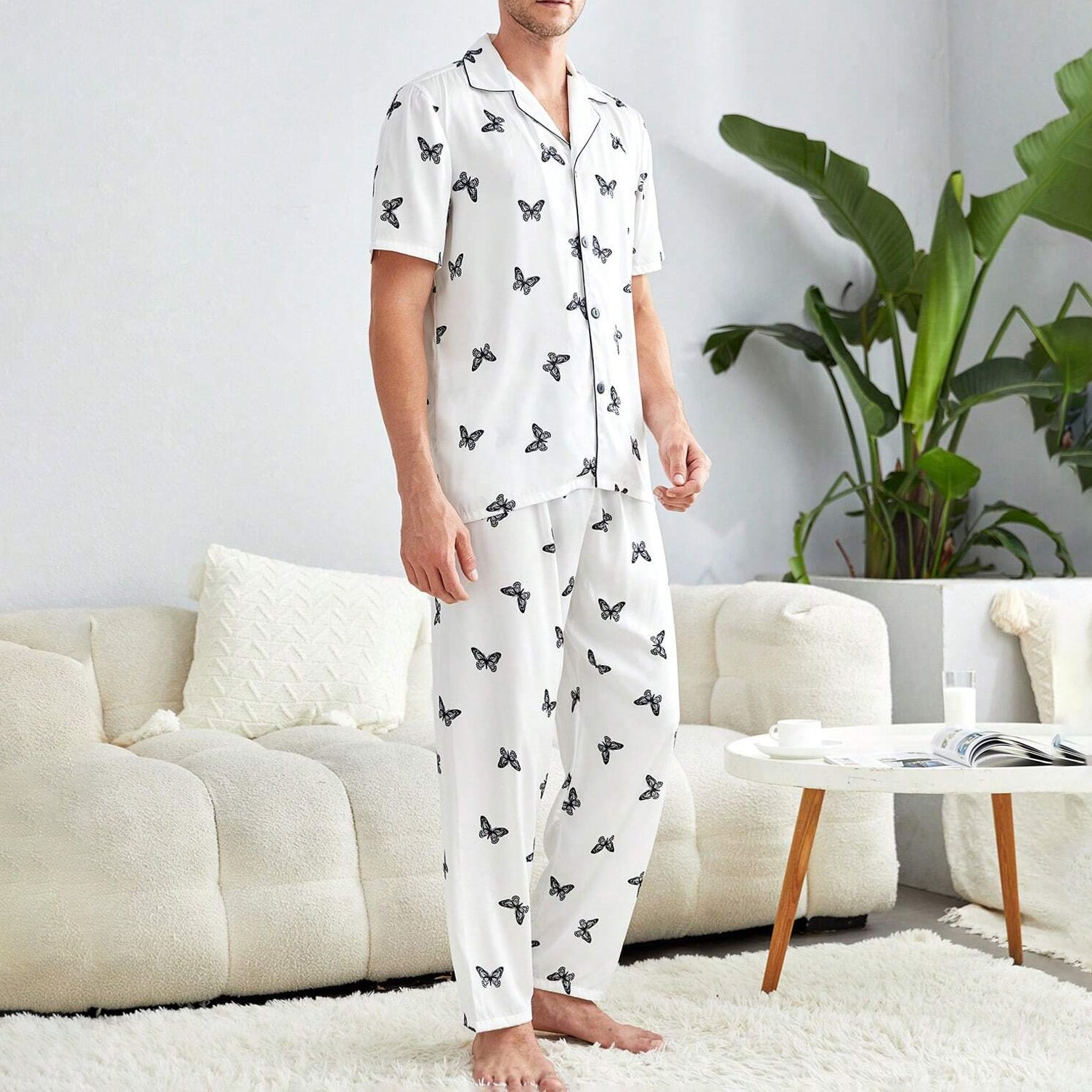 Men's Silk Pajamas Set Short Sleeves Butterfly Print Silk Nightwear White S
