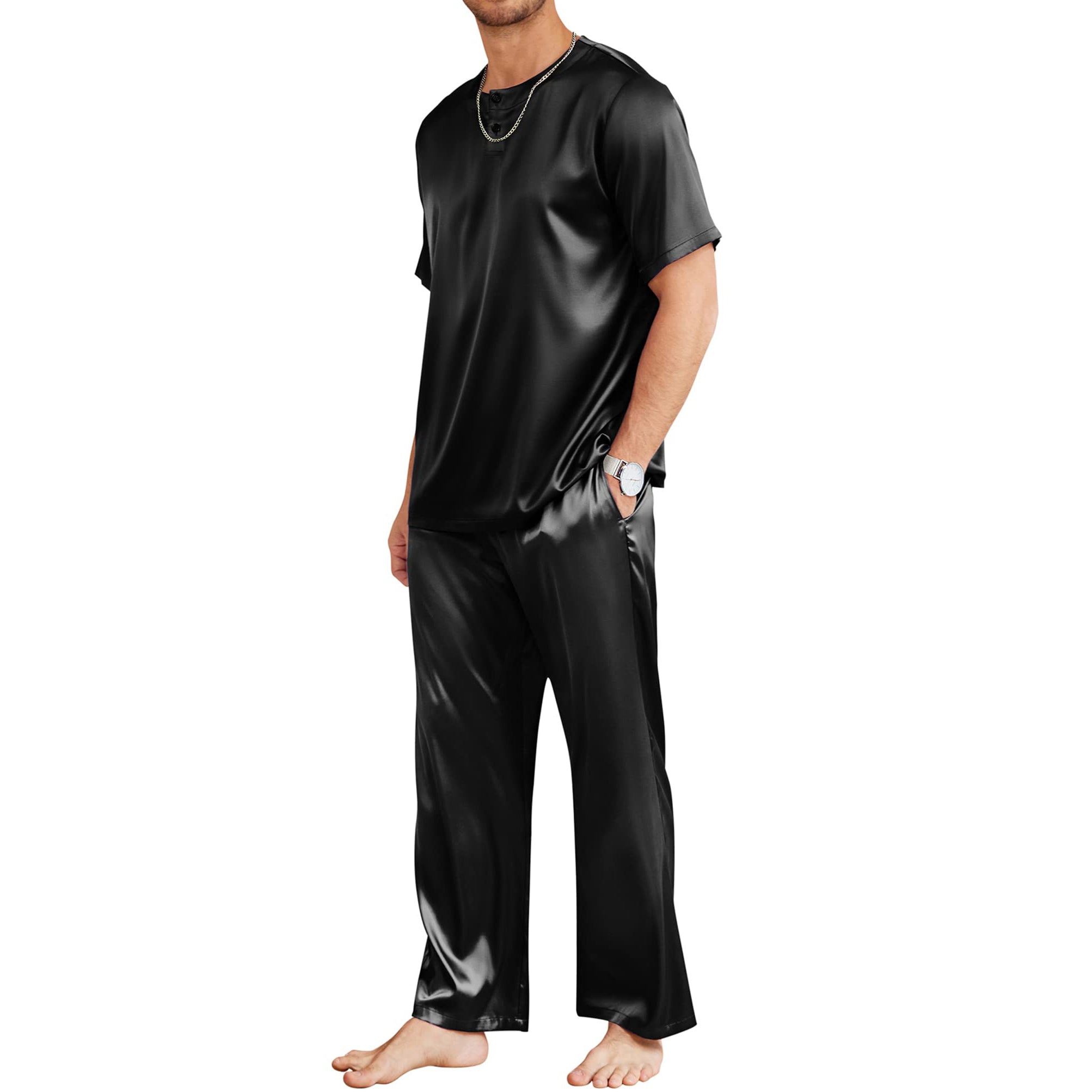 Mens Silk Pajamas with Short Sleeve Henley Top and Full Length Pants Black S