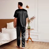 Mens Silk Pajamas with Short Sleeve Henley Top and Full Length Pants Black S