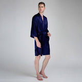 Men's Silk Robe Luxury Pure Silk Kimono Robe With Pockets Navy Blue XS
