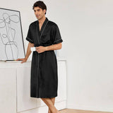 Mens Silk Robe and Shorts Set with Contrast Piping and Short Sleeves Black XS