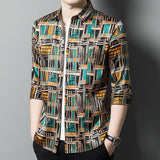 Mens Silk Shirts Geometric Print Retro Art Silk Dress Shirts Black XS