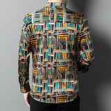 Mens Silk Shirts Geometric Print Retro Art Silk Dress Shirts Black XS