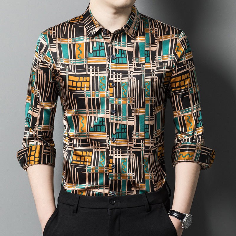 Mens Silk Shirts Geometric Print Retro Art Silk Dress Shirts Black XS
