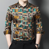Mens Silk Shirts Geometric Print Retro Art Silk Dress Shirts Black XS