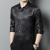 Mens Silk Shirts Long Sleeve Silk Baroque Pattern Dress Shirt Black XS